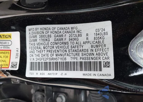 2024 Honda Civic Sport из США, поврежденный, VIN 2HGFE2F59RH571636